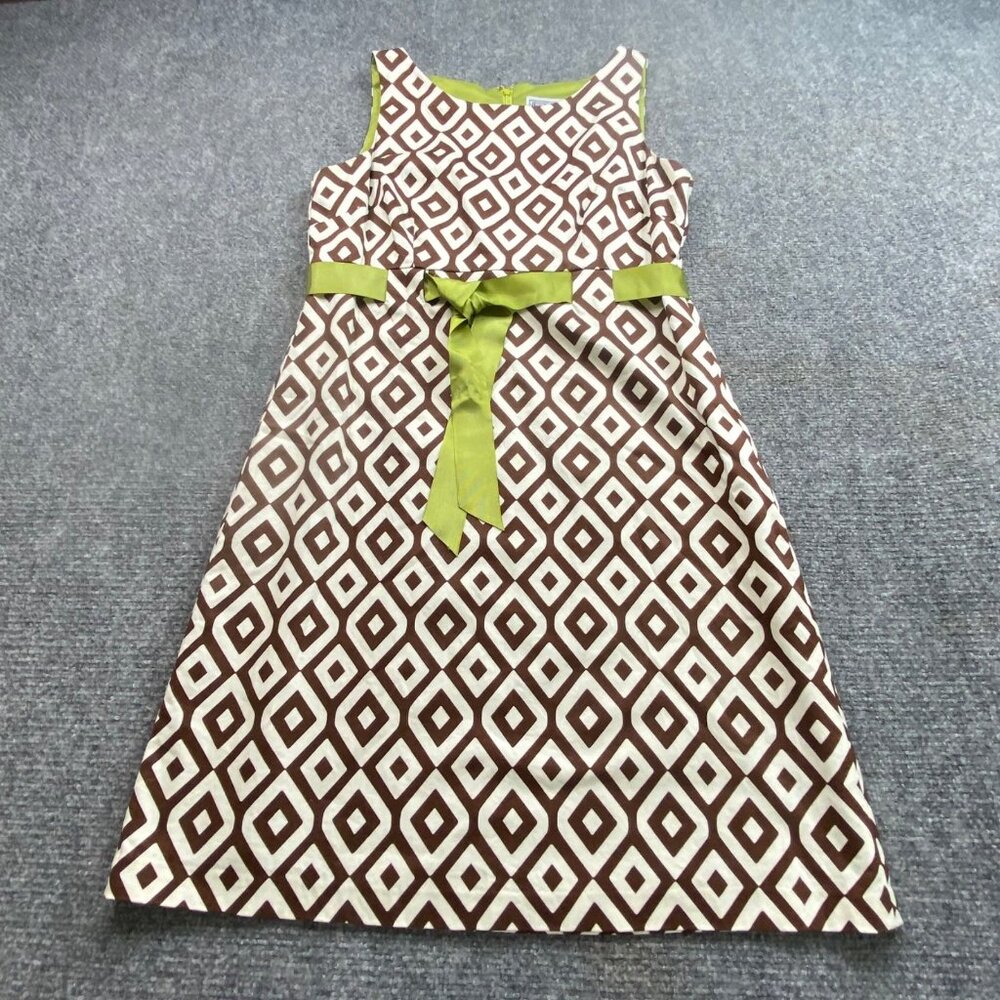 Jessica Howard Dress Womens 12P Sleeveless‎ Brown Geometric Green Ribbon Belt